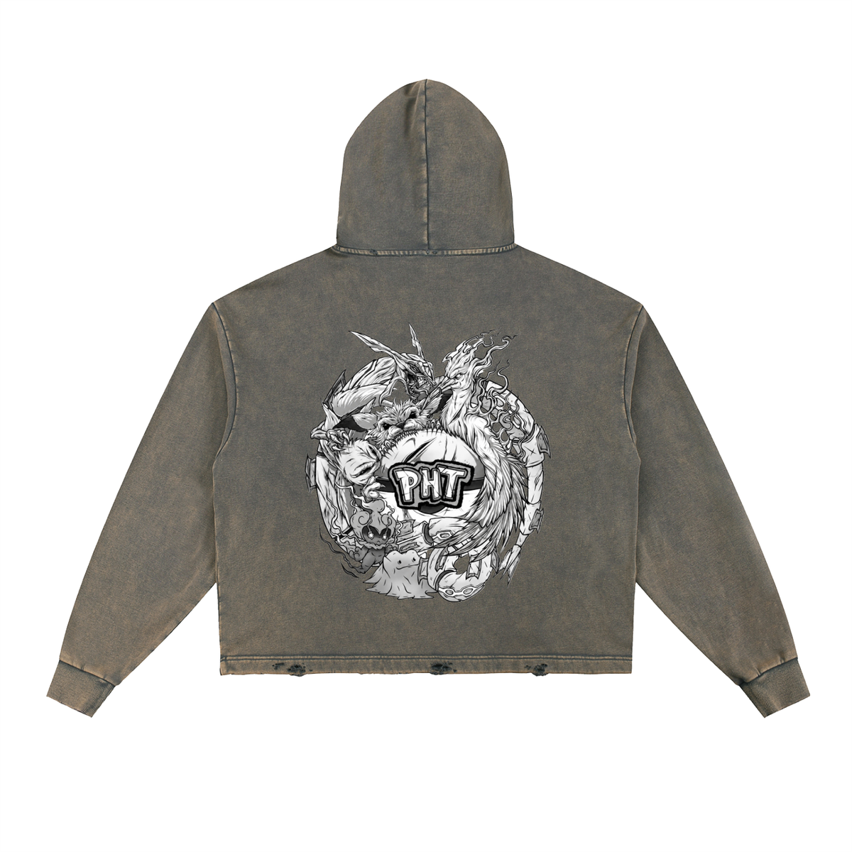 PHT Vintage Washed Frayed-Hem Hoodie B&W Logo