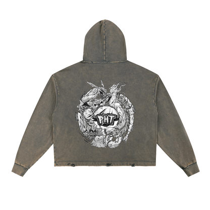 PHT Vintage Washed Frayed-Hem Hoodie B&W Logo