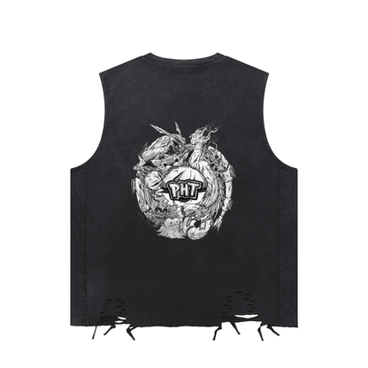PHT Snow Washed Raw-Hem Tank Top B&W Logo