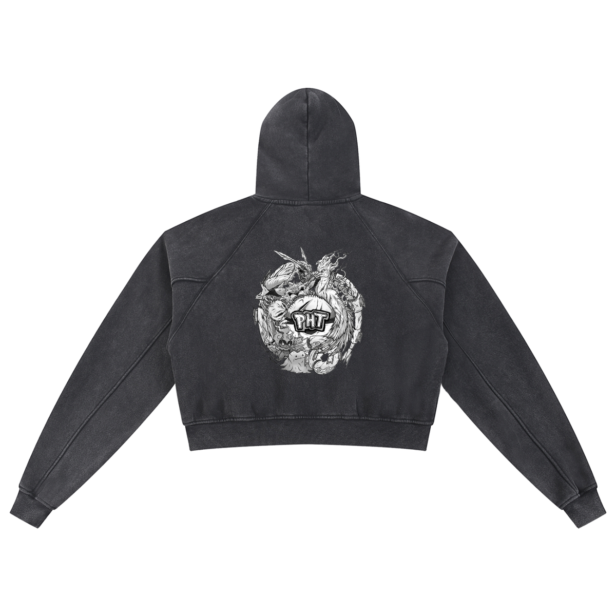 PHT Snow Washed Cropped Hoodie B&W Logo