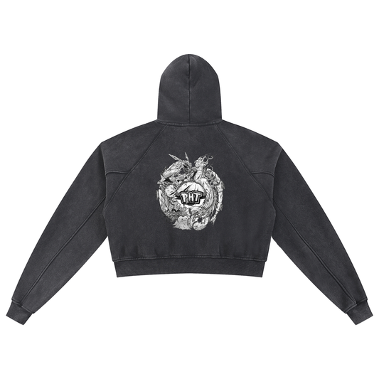 PHT Snow Washed Cropped Hoodie B&W Logo
